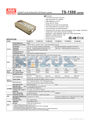 TS-1500-124B datasheet - 1500W True Sine Wave DC-AC Power Inverter