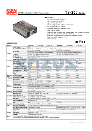 TS-200 datasheet - 200W True Sine Wave DC-AC Power Inverter