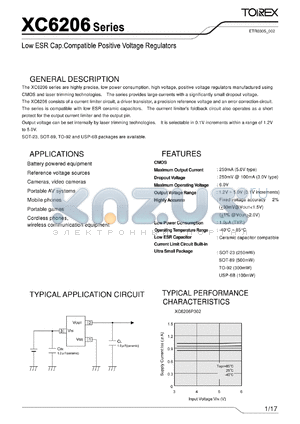 XC6206P122DR datasheet - Low ESR Cap.Compatible Positive Voltage Regulators