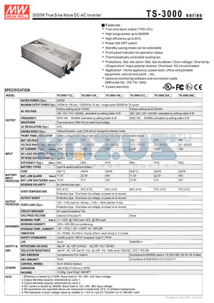 TS-3000 datasheet - 3000W True Sine Wave DC-AC Inverter