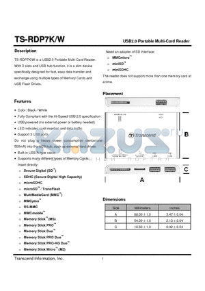 TS-RDP7K/W datasheet - USB2.0 Portable Multi-Card Reader