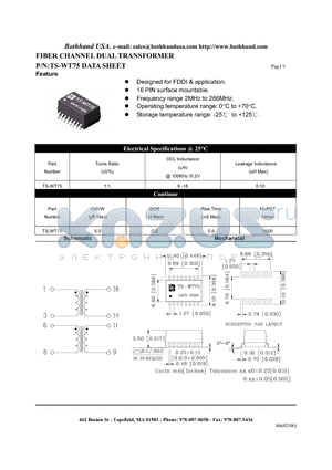 TS-WT75 datasheet - FIBER CHANNEL DUAL TRANSFORMER