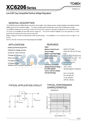 XC6206P212DR datasheet - Low ESR Cap.Compatible Positive Voltage Regulators