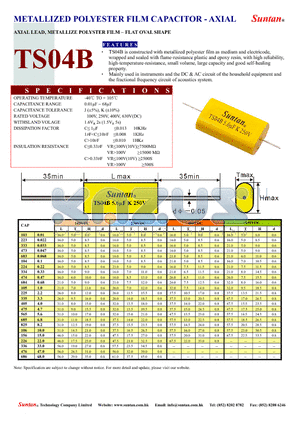 TS04B datasheet - METALLIZED POLYESTER FILM CAPACITOR - AXIAL