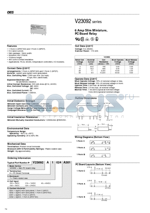 V23092A1005A202 datasheet - 6 Amp Slim Miniature, PC Board Relay