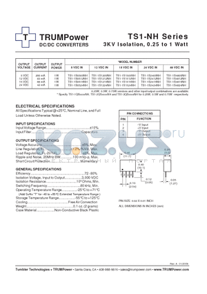 TS1-1S0505NH datasheet - DC/DC CONVERTERS 3KV Isolation, 0.25 to 1 Watt