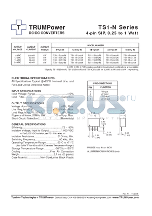 TS1-1S0515N datasheet - DC/DC CONVERTERS 4-pin SIP, 0.25 to 1 Watt