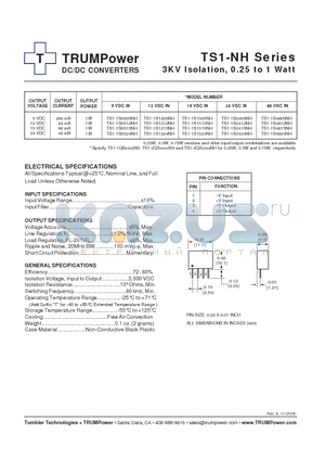 TS1-1S0524NH datasheet - DC/DC CONVERTERS 3KV Isolation, 0.25 to 1 Watt