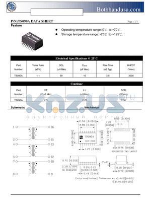 TS090A datasheet - 10 BASE-T ISOLATION TRANSFORMER