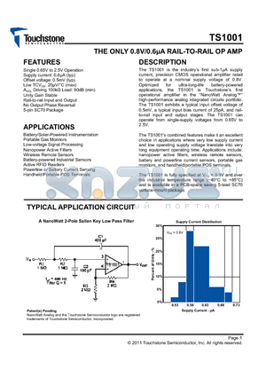 TS1001 datasheet - THE ONLY 0.8V/0.6lA RAIL-TO-RAIL OP AMP