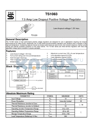 TS1083CZ-3.3 datasheet - 7.5 Amp Low Dropout Positive Voltage Regulator