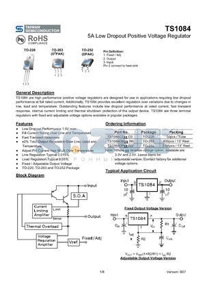 TS1084CMRN datasheet - 5A Low Dropout Positive Voltage Regulator