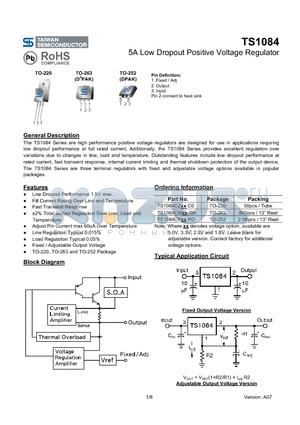 TS1084CPXXRO datasheet - 5A Low Dropout Positive Voltage Regulator