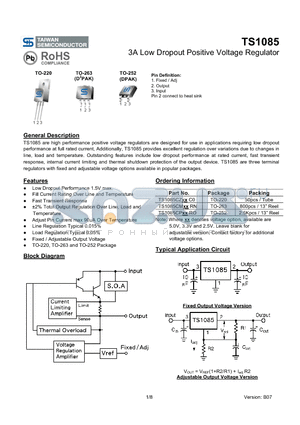 TS1085CMRN datasheet - 3A Low Dropout Positive Voltage Regulator