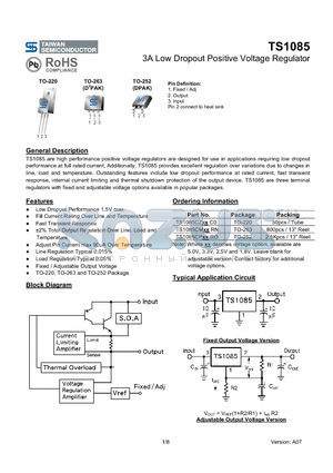 TS1085CZXXC0 datasheet - 3A Low Dropout Positive Voltage Regulator