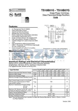 TS10B03G datasheet - Single Phase 10.0 Amps. Glass Passivated Bridge Rectifiers