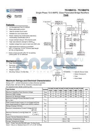 TS10B03G datasheet - Single Phase 10.0 AMPS. Glass Passivated Bridge Rectifiers