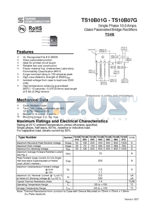 TS10B06G datasheet - Single Phase 10.0 Amps. Glass Passivated Bridge Rectifiers