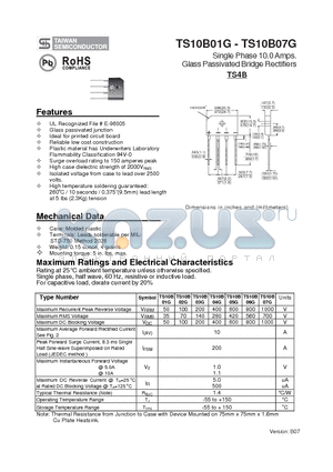 TS10B07G datasheet - Single Phase 10.0 Amps. Glass Passivated Bridge Rectifiers