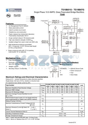 TS10B07G datasheet - Single Phase 10.0 AMPS. Glass Passivated Bridge Rectifiers