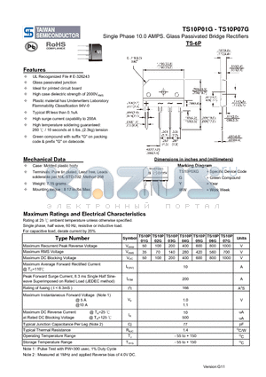TS10P04G datasheet - Single Phase 10.0 AMPS. Glass Passivated Bridge Rectifiers