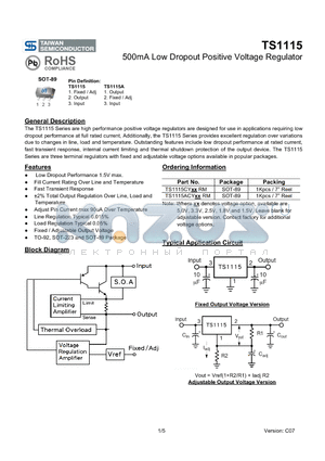 TS1115_09 datasheet - 500mA Low Dropout Positive Voltage Regulator