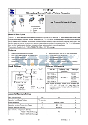 TS1117ICW-18 datasheet - 800mA Low Dropout Positive Voltage Regulator