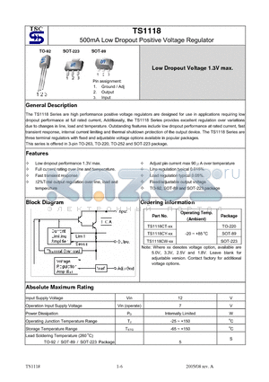 TS1118CW datasheet - 500mA Low Dropout Positive Voltage Regulator