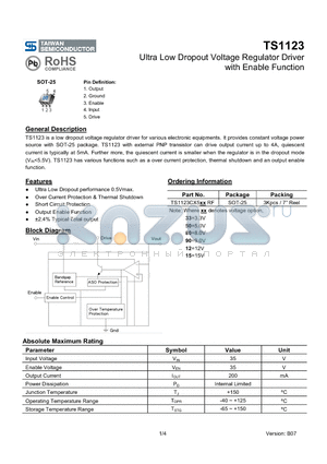 TS1123_08 datasheet - Ultra Low Dropout Voltage Regulator Driver with Enable Function