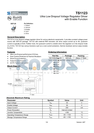 TS1123CX550C0 datasheet - Ultra Low Dropout Voltage Regulator Driver with Enable Function