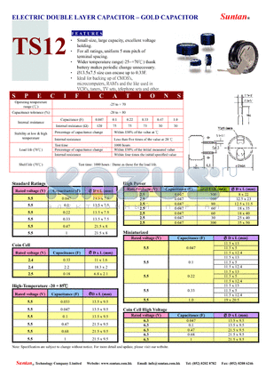 TS12 datasheet - ELECTRIC DOUBLE LAYER CAPACITOR - GOLD CAPACITOR