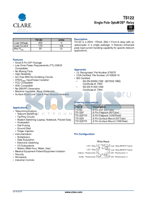 TS122P datasheet - Single Pole OptoMOS Relay