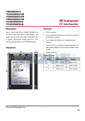 TS128GSSD25S-M datasheet - 2.5 Solid State Disk