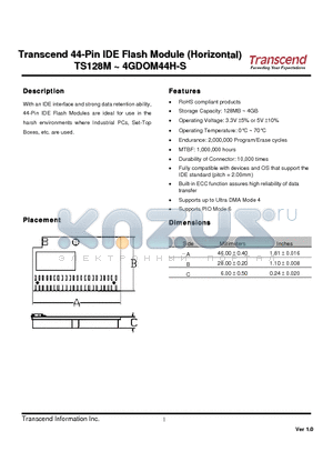 TS128MDOM44H-S datasheet - 44-Pin IDE Flash Module(Horizontal)