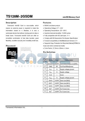 TS128MSDM datasheet - numiniSD Memory Card