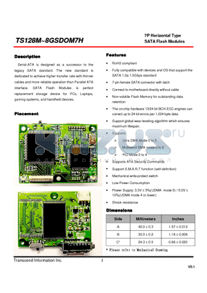 TS128MSDOM7H datasheet - 7P Horizontal Type SATA Flash Modules