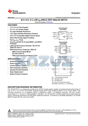 TS12A12511 datasheet - a6 V/12 V, 5 Y, LOW rON SINGLE SPDT ANALOG SWITCH