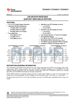 TS12A44513PWRG4 datasheet - LOW ON-STATE RESISTANCE QUAD SPST CMOS ANALOG SWITCHES