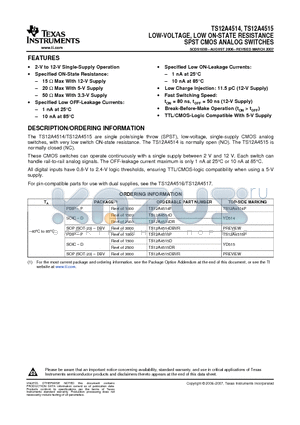 TS12A4514DBVR datasheet - LOW-VOLTAGE, LOW ON-STATE RESISTANCE SPST CMOS ANALOG SWITCHES