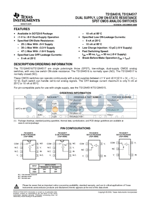 TS12A4516DG4 datasheet - DUAL SUPPLY, LOW ON-STATE RESISTANCE SPST CMOS ANALOG SWITCHES