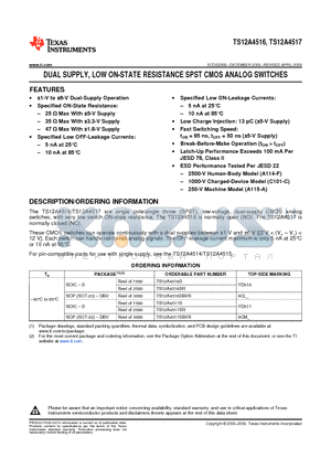 TS12A4516_10 datasheet - DUAL SUPPLY, LOW ON-STATE RESISTANCE SPST CMOS ANALOG SWITCHES