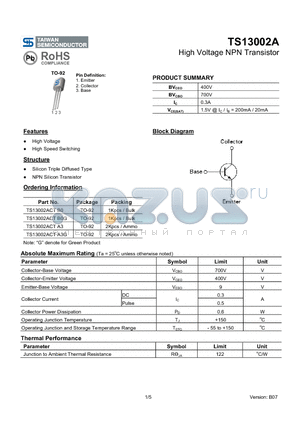 TS13002A datasheet - High Voltage NPN Transistor