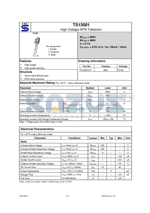 TS13001 datasheet - High Voltage NPN Transistor