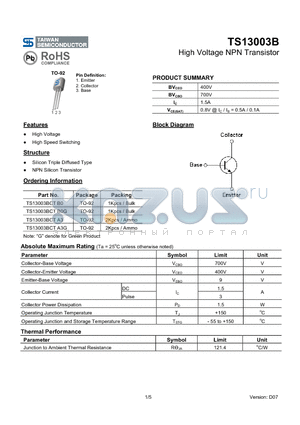 TS13003BCTA3 datasheet - High Voltage NPN Transistor