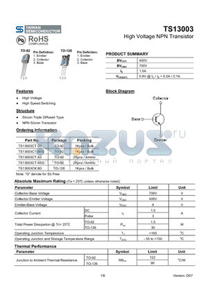 TS13003CT datasheet - High Voltage NPN Transistor