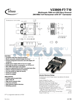 V23809-F7-T10 datasheet - Multimode 1300 nm LED Fibre Channel 266 MBd 1x9 Transceiver with ST Connector