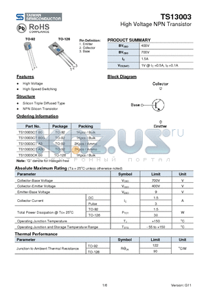 TS13003CTA3 datasheet - High Voltage NPN Transistor