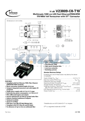 V23809-C8-T10 datasheet - Multimode 1300 nm LED Fast Ethernet/FDDI/ATM 170 MBd 1x9 Transceiver with ST Connector