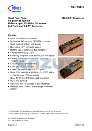 V23818-C18-L45 datasheet - Small Form Factor Single Mode 1300 nm Multirate up to 155 Mbit/s Transceiver 2x5 Pinning with LC Connector