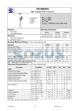 TS13003HVCTB0 datasheet - High Voltage NPN Transistor